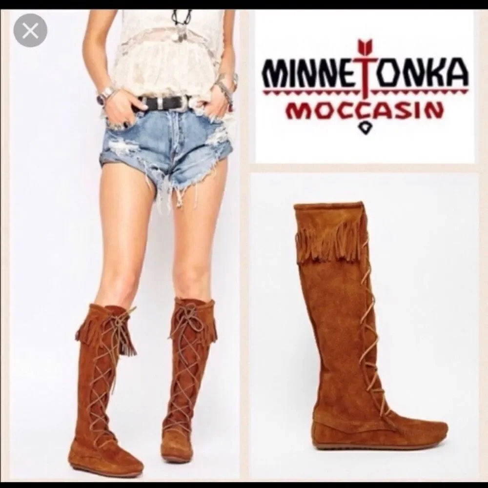 Minnetonka Vintage Fringe Tall Lace Boots Suede 10 Knee High Native Brown Tan